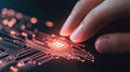 Finger touches glowing circuit board. Cybersecurity awareness illustration. Technology circuit illuminated. Glowing network on Royalty Free Stock Photo