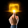 A finger touches a glowing folder icon, indicating digital file access