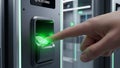 Finger touches biometric scanner for access control featuring glowing green light and denied status notification Royalty Free Stock Photo