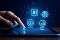 Finger Touching Tablet Displaying AI Fintech and Smart Data Icons artificial intelligence financial technology Royalty Free Stock Photo