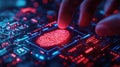 Finger touches tech panel. Biometric scan identifies user. Futuristic security system. Advanced fingerprint tech. Cybernetic