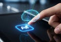 Finger touching AI button with glowing digital brain and data streams {Ai generated Royalty Free Stock Photo