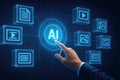 Finger touching the AI icon surrounded by various digital content icons on a futuristic interface artificial intelligence Royalty Free Stock Photo