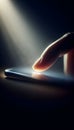Finger touching bright smartphone screen in dark background focusing on modern technology and interaction Royalty Free Stock Photo