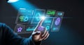 Finger Touching Cloud Computing Interface with Data Charts and Icons on Dark Background Royalty Free Stock Photo