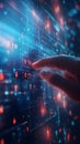 Finger touching digital data grid with glowing numbers and abstract lights technology photo Royalty Free Stock Photo