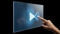 Finger Touching Futuristic Screen with Play Button, Black Background Royalty Free Stock Photo