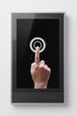 Finger touching glowing button on digital touchscreen, modern interface concept, black background Royalty Free Stock Photo