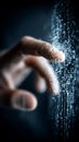 Finger touching glowing digital binary code display for secure access Royalty Free Stock Photo