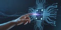 Finger touching a glowing digital circuit board with light trails technology hand Royalty Free Stock Photo