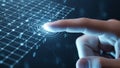 Finger touching a glowing digital grid interface with data points and binary code abstract Royalty Free Stock Photo