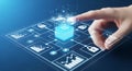 Finger touching glowing digital interface with data charts and locks technology Royalty Free Stock Photo