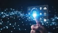 Finger touching a glowing digital screen with security and data icons Royalty Free Stock Photo