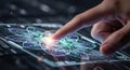 Finger touching glowing futuristic technology interface network data visualization Royalty Free Stock Photo