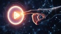 Finger Touching Glowing Play Button with Digital Network Background Royalty Free Stock Photo