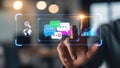 Finger touching holographic screen with chat bubbles and analytics Royalty Free Stock Photo
