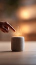 Finger touching smart speaker, creating soundwave visualization, representing ai interaction in warmly lit contemporary Royalty Free Stock Photo