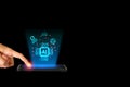 Finger touching on smartphone or mobile phone with artificial intelligence or ai interface diagram and business icon on blue