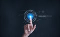 Finger touching some holographic graphic user interface with digital asset technology concepts