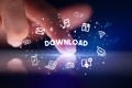 Finger touching tablet with social media icons concept Royalty Free Stock Photo