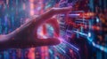 Finger touching virtual screen with glowing binary code. 3d rendering. Royalty Free Stock Photo