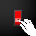 Finger turns off electric switch, saving energy and energy efficiency, hand and red button Royalty Free Stock Photo