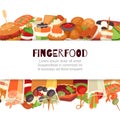 Fingerfood with shrimps, fish, olives and green vegetables appetizer, canapes, mini burgers, cartoon background vector