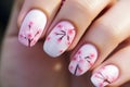 Fingernails with pink spring cherry tree flower nail art design Royalty Free Stock Photo