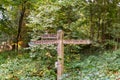 A fingerpost sign in Chantry Woods near Guildford, Surrey showing directions for the North Downs Way and public bridleway Royalty Free Stock Photo