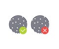 Fingerprint. Accepted and rejected state authentication symbols on white background. Vector illustration.