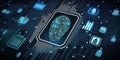 Fingerprint authentication to access secured computer network & digital system. Cyber security with biometrics technology.