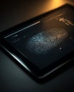 Fingerprint biometric scan displayed on a digital tablet screen with data visualization, close-up Royalty Free Stock Photo