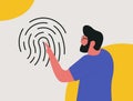 Fingerprint Biometrics authentication concept. Passwordless identity method. Character in glasses touches fingerprint