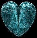 Fingerprint on black background, heart shape. Fingerprint with ultraviolet lamp