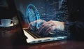 Fingerprint cyber id security and identity symbol and man typing keyboard