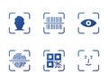 Fingerprint, Face ID, Barcode, Eye and QR Code Scanner. Identity Biometric Verification icon. QR Code Scan, Barcode Scan