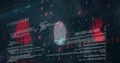 Fingerprint icon glowing and scanning digital security interface, with red handprints, code alerts Royalty Free Stock Photo