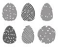 Fingerprint icon set. Unique finger stamp silhouette shapes isolated on white background. Black criminal identity symbol