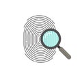 Fingerprint identification check or access approved vector icon, flat cartoon design of thumb print and magnifying glass