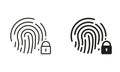 Fingerprint Identification Line and Silhouette Black Icon Set. Finger Print Scanner with Lock Symbol Collection