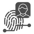 Fingerprint identity solid icon. Biometric scanning, person recognition. Jurisprudence design concept, glyph style