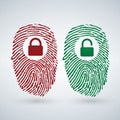 Fingerprint with lock unlock in red and green colors. Cyber security and Hacking Concept. Vector illustration isolated on modern B