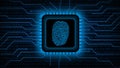 Fingerprint logo on chip sensor - abstract background in blue of blurred binary code behind information connecting lines