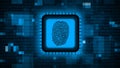 Fingerprint logo on chip sensor - abstract background in blue of blurred binary code - security scanning identification concept