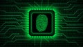 Fingerprint logo on chip sensor - abstract background in green of blurred binary code behind information connecting lines