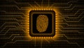 Fingerprint logo on chip sensor - abstract background in orange of blurred binary code behind information connecting lines