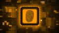 Fingerprint logo on chip sensor - abstract background in orange of blurred binary code - security scanning identification concept