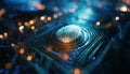 A fingerprint merges with digital circuits, symbolizing secure biometric technology