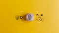 Fingerprint scan icon on wood cube over yellow background. Encryption and access control system for identity verification