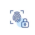Fingerprint scan and lock. Secure biometric data storage. Authentication method. Pixel perfect, editable